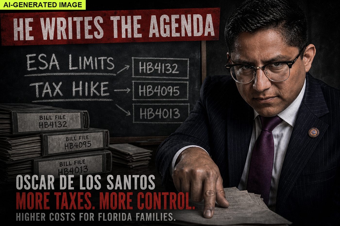AI-generated editorial illustration: Oscar De Los Santos writing ESA limits and tax agenda bills