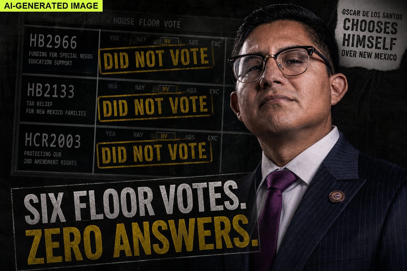 AI-generated editorial illustration: Oscar De Los Santos blank votes and NV stamps