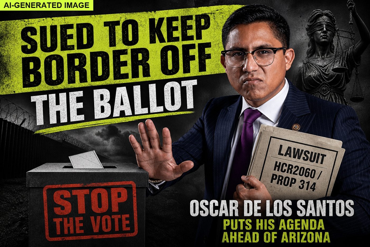 AI-generated editorial illustration: Oscar De Los Santos sued to block HCR2060 border measure