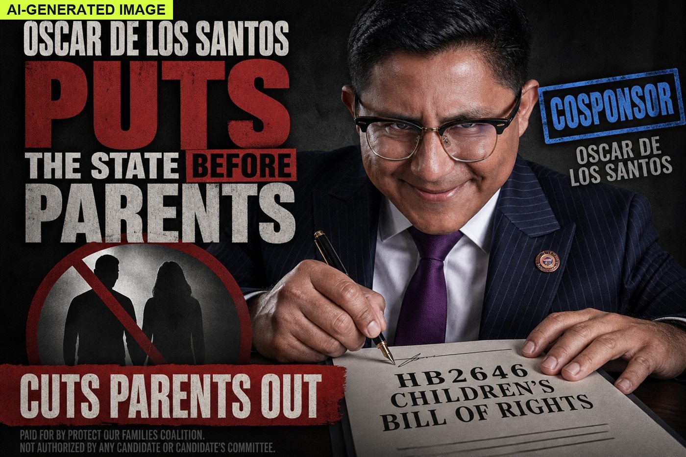 AI-generated editorial illustration: Oscar De Los Santos cosponsoring HB2646 Children’s Bill of Rights