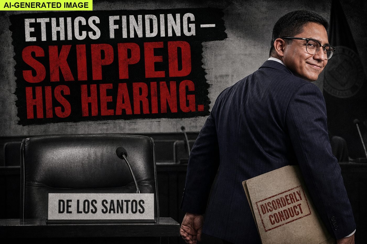 AI-generated editorial illustration: Oscar De Los Santos ethics finding and skipped hearing