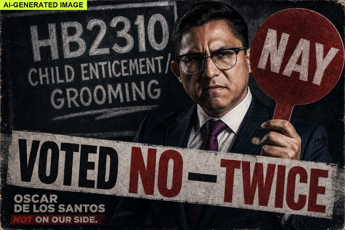 AI-generated editorial illustration: Oscar De Los Santos voted Nay twice on HB2310 grooming and child enticement