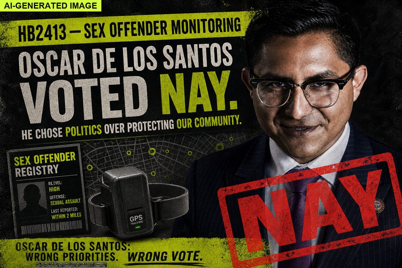 AI-generated editorial illustration: Oscar De Los Santos stamped NAY on HB2413 sex offender monitoring