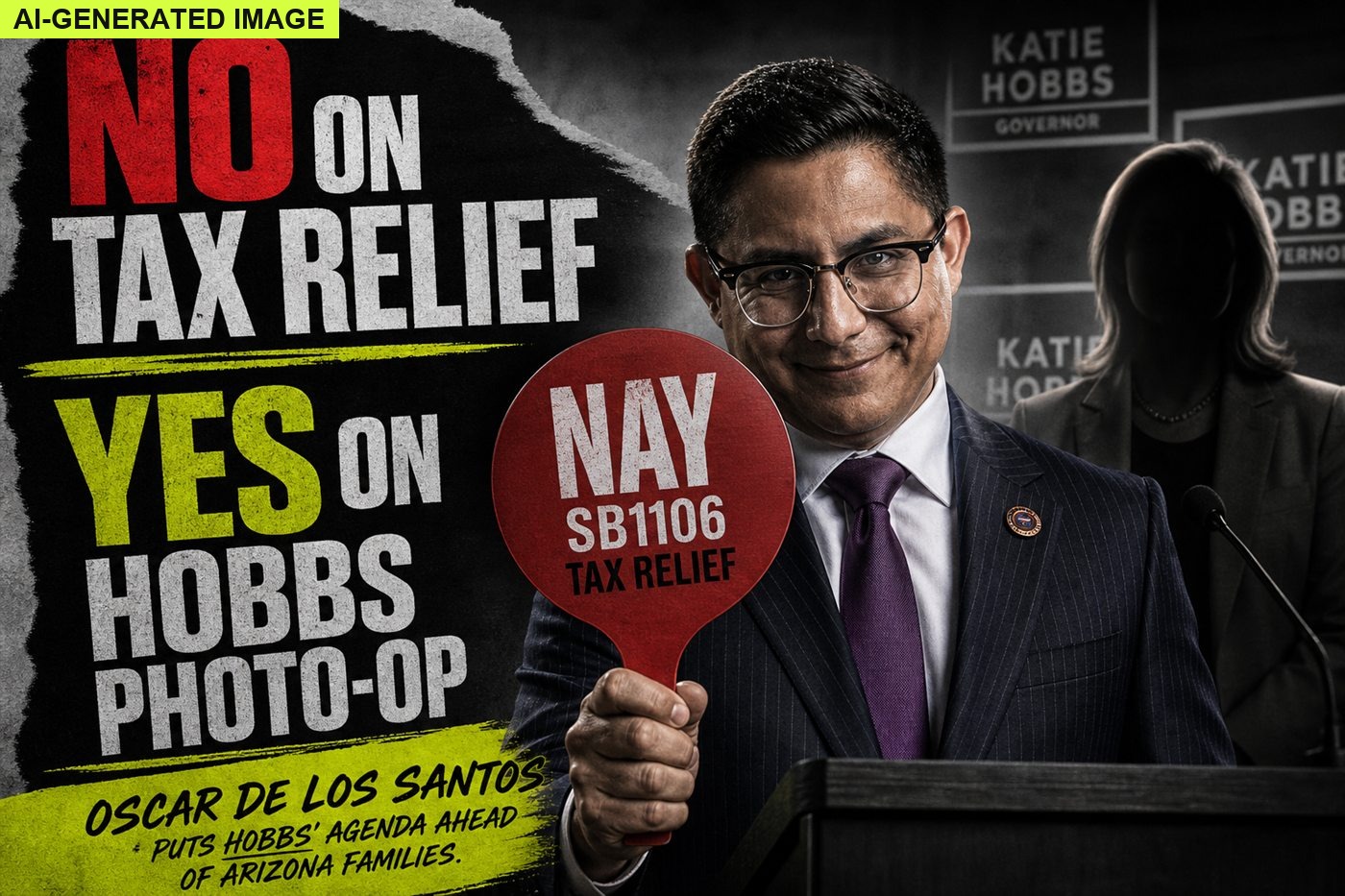 AI-generated editorial illustration: Oscar De Los Santos Nay on tax relief then Hobbs photo-op